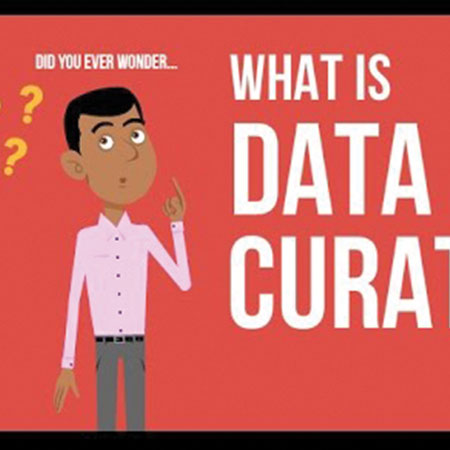 Illustrated man on red background with text, “Did you ever wonder… What is data curation?”