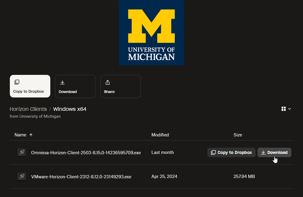 A Dropbox page that shows the current Omnissa Client to download.