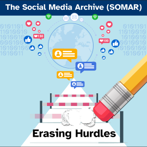The Social Media Archive (SOMAR) - Erasing Hurdles. Social media likes and comments, and a pencil erasing hurdles on a path.