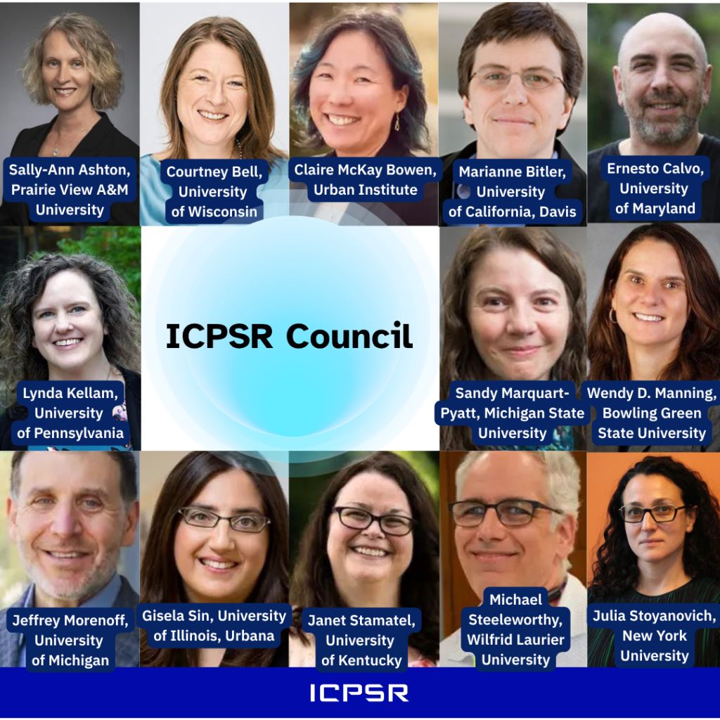 A collage graphic introducing the “ICPSR Council,” with headshots arranged around a central light-blue circle. Center text reads: “ICPSR Council.” The council members shown are labeled: “Sally-Ann Ashton, Prairie View A&M University”; “Courtney Bell, University of Wisconsin”; “Claire McKay Bowen, Urban Institute”; “Marianne Bitler, University of California, Davis”; “Ernesto Calvo, University of Maryland”; “Lynda Kellam, University of Pennsylvania”; “Sandy Marquart-Pyatt, Michigan State University”; “Wendy D. Manning, Bowling Green State University”; “Jeffrey Morenoff, University of Michigan”; “Gisela Sin, University of Illinois, Urbana”; “Janet Stamatel, University of Kentucky”; “Michael Steelworthy, Wilfrid Laurier University”; and “Julia Stoyanovich, New York University.” A blue footer bar at the bottom contains the white “ICPSR” logo.