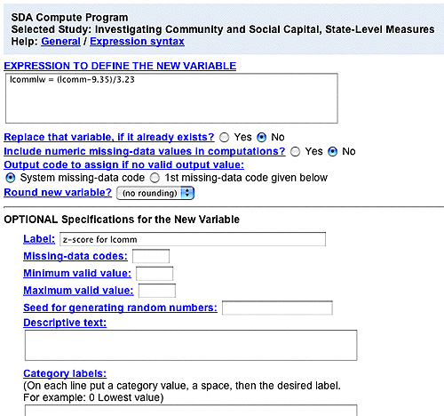 SDA analysis window to recode a new variable.
