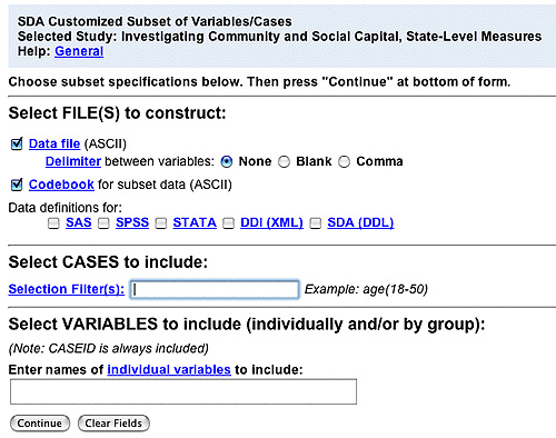 Screenshot of SDA export window to specify format, options, cases, and variables to include.