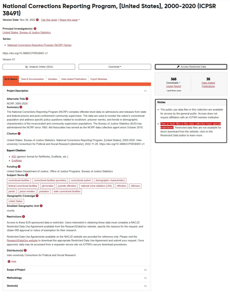 An image of an NACJD study homepage, with the access-restricted data button and the “One or more files in this data collection have special restrictions” surrounded with a bold border to indicate that a study is for restricted-use.