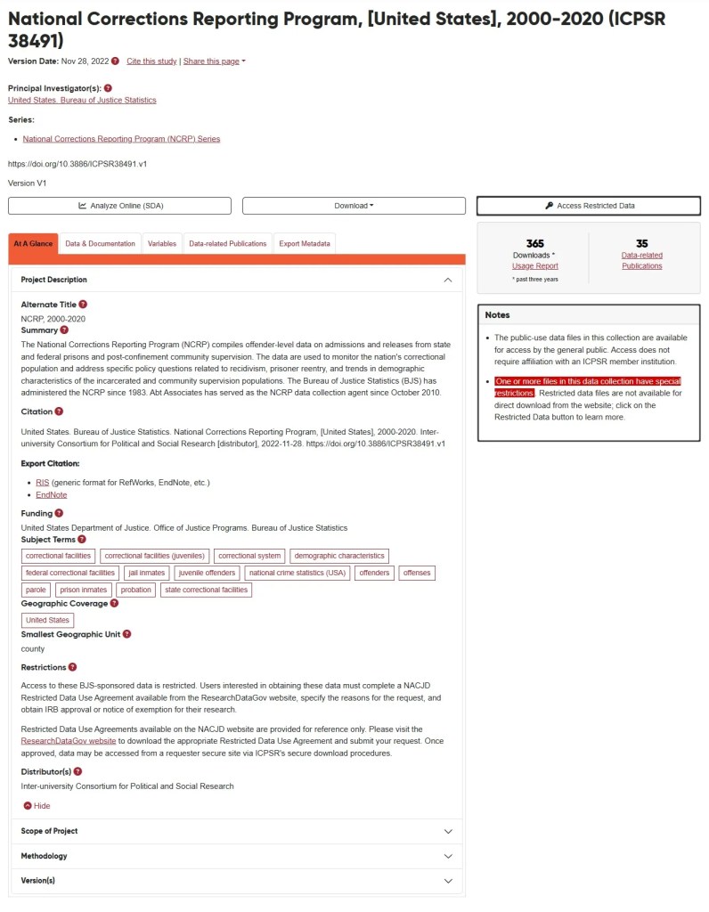 An image of an NACJD study homepage, with the access-restricted data button and the “One or more files in this data collection have special restrictions” surrounded with a bold border to indicate that a study is for restricted-use.