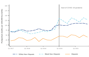 Line graph showing postpartum deaths per 100,000 live births by race/ethnicity (White Non-Hispanic, Black Non-Hispanic, and 
Hispanic) from Q1 2017 to Q1 2021. A vertical line marks the start of the COVID-19 pandemic at Q1 2020. Before the pandemic, postpartum deaths for Black Non-Hispanic and White Non-Hispanic groups were relatively stable, while Hispanic rates were lower and showed less fluctuation. After the COVID-19 pandemic began, postpartum death rates increased for all groups, with Black Non-Hispanic individuals consistently having the highest rates, followed by White Non-Hispanic, and then Hispanic individuals, who had the lowest rates.
