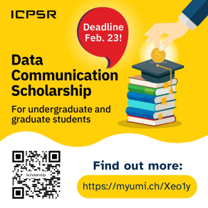 Illustrated book stack with text "Data Communication Scholarship: For undergraduate and graduate students"