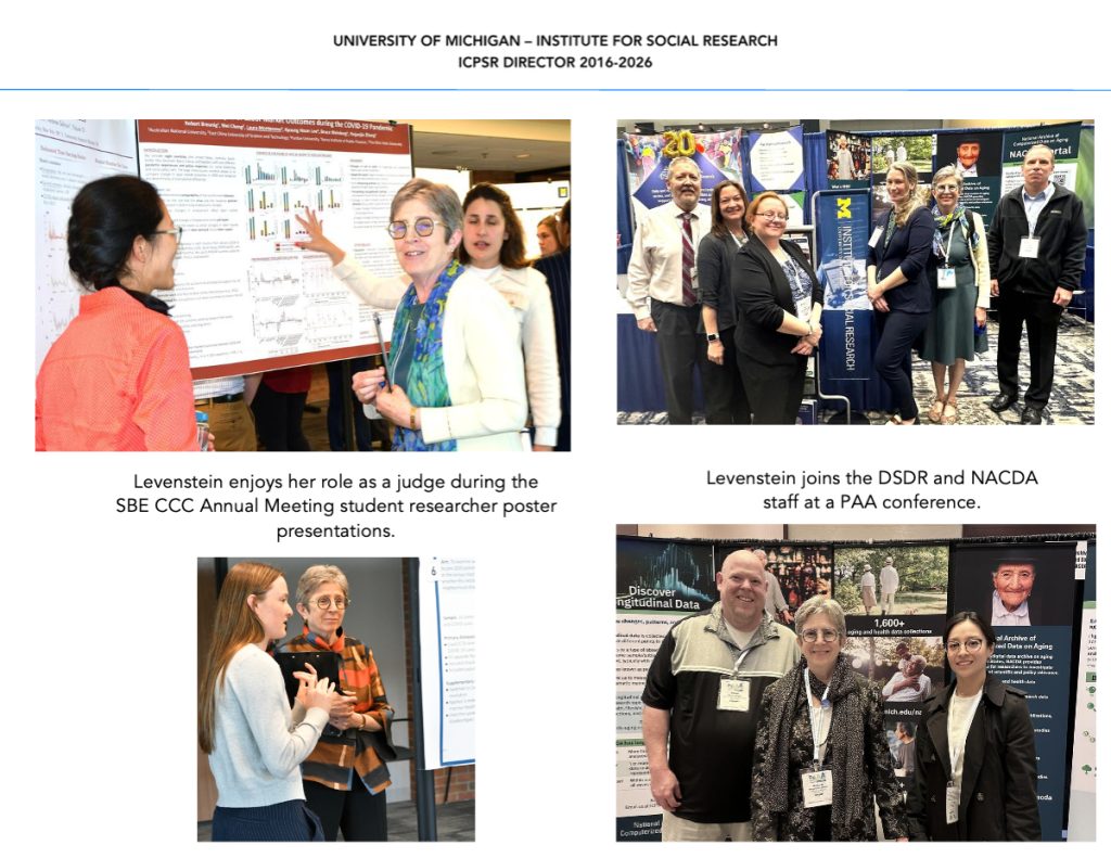 One of the photo book pages shows Levenstein judging SBE CCC student researcher poster presentations and joining DSDR and NACDA staff at a PAA conference.