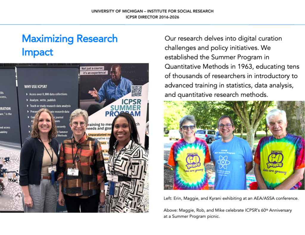A slide from Maggie's photo book shows her at a onference and in a tye-dye shirt for ICPSR's 60th Anniversary