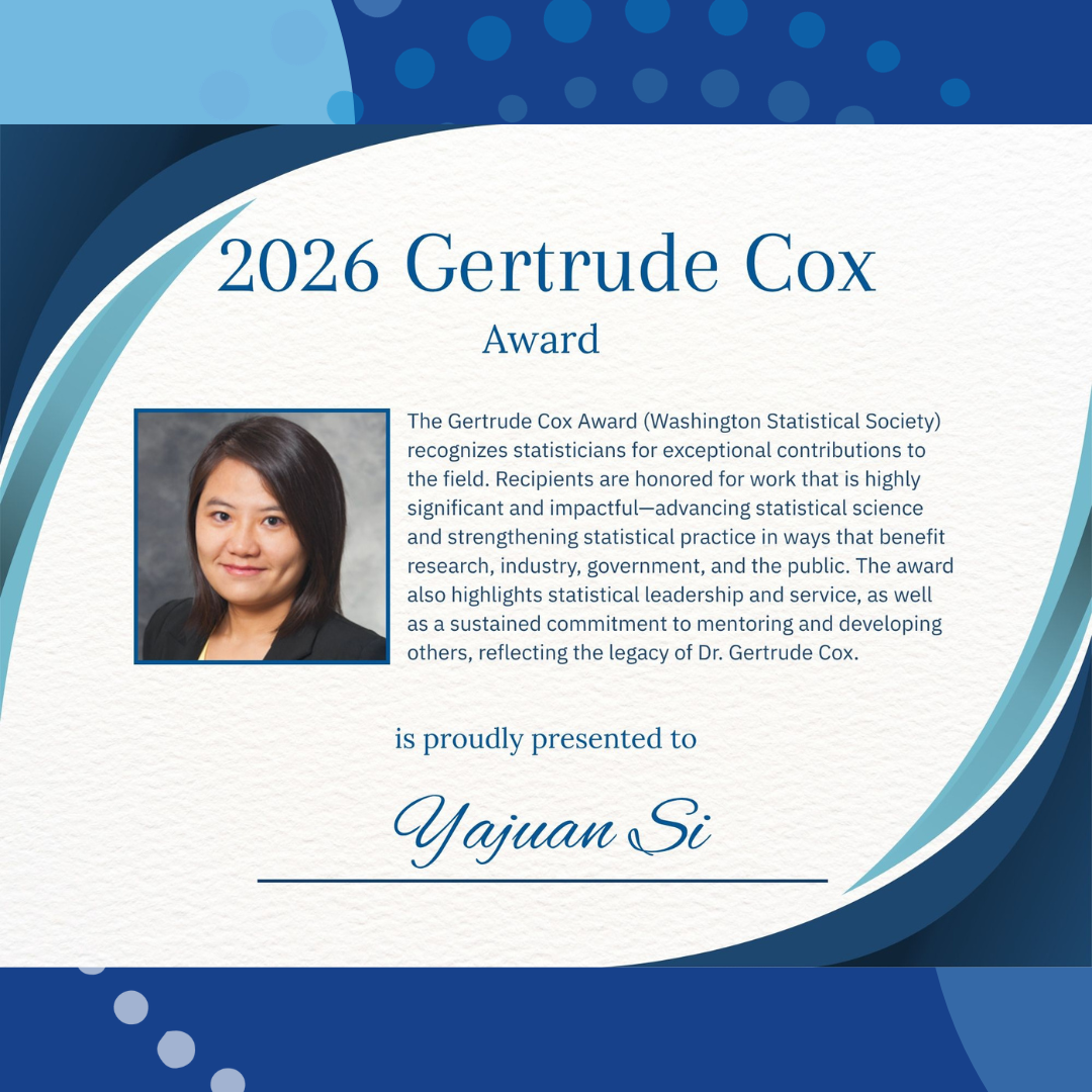 Infographic about the Gertrude Cox award recipient Yajuan Si with a photo of Yajuan