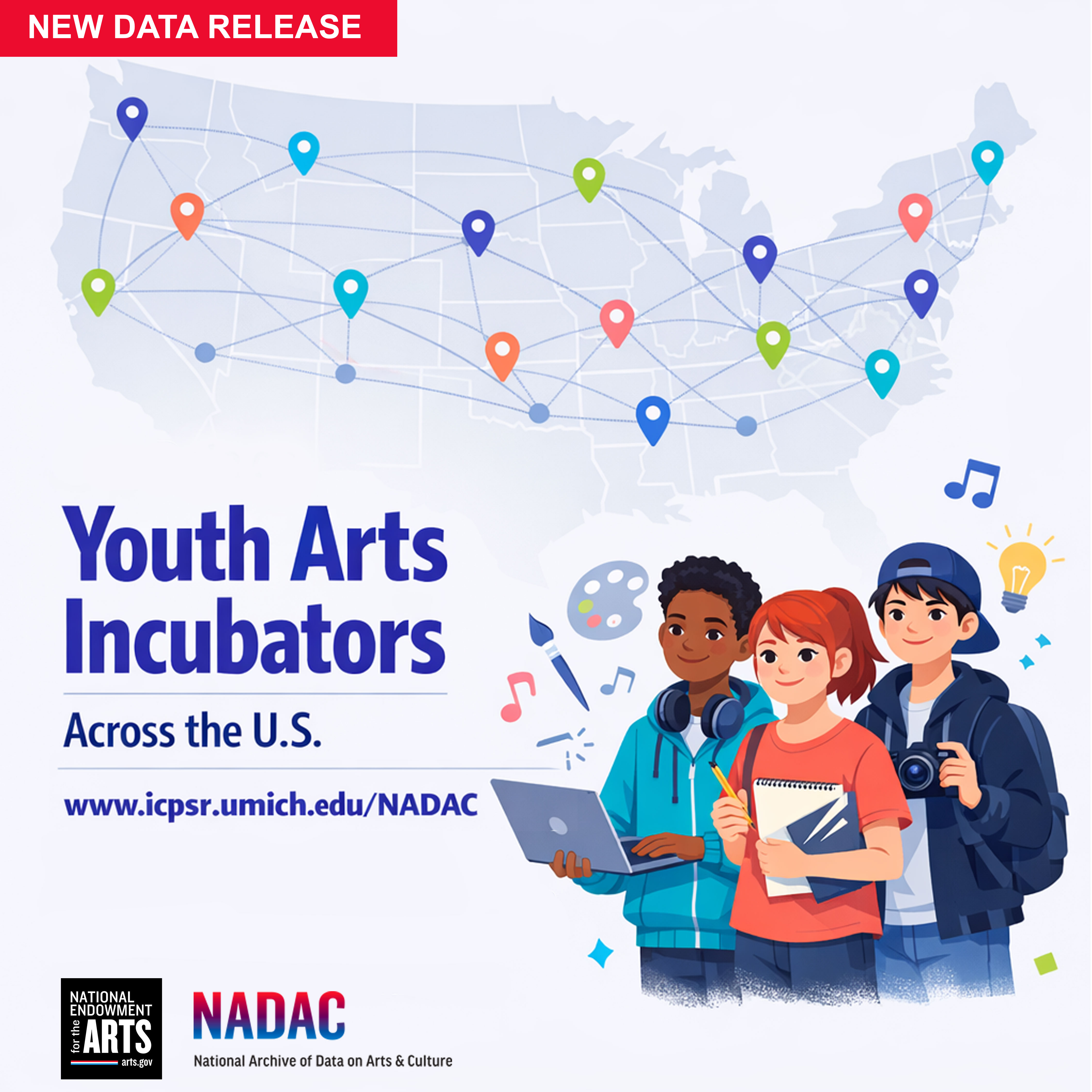 NADAC's new data release graphic for “Youth Arts Incubators Across the U.S.” showing a U.S. map with connected location pins and three young artists with creative tools.